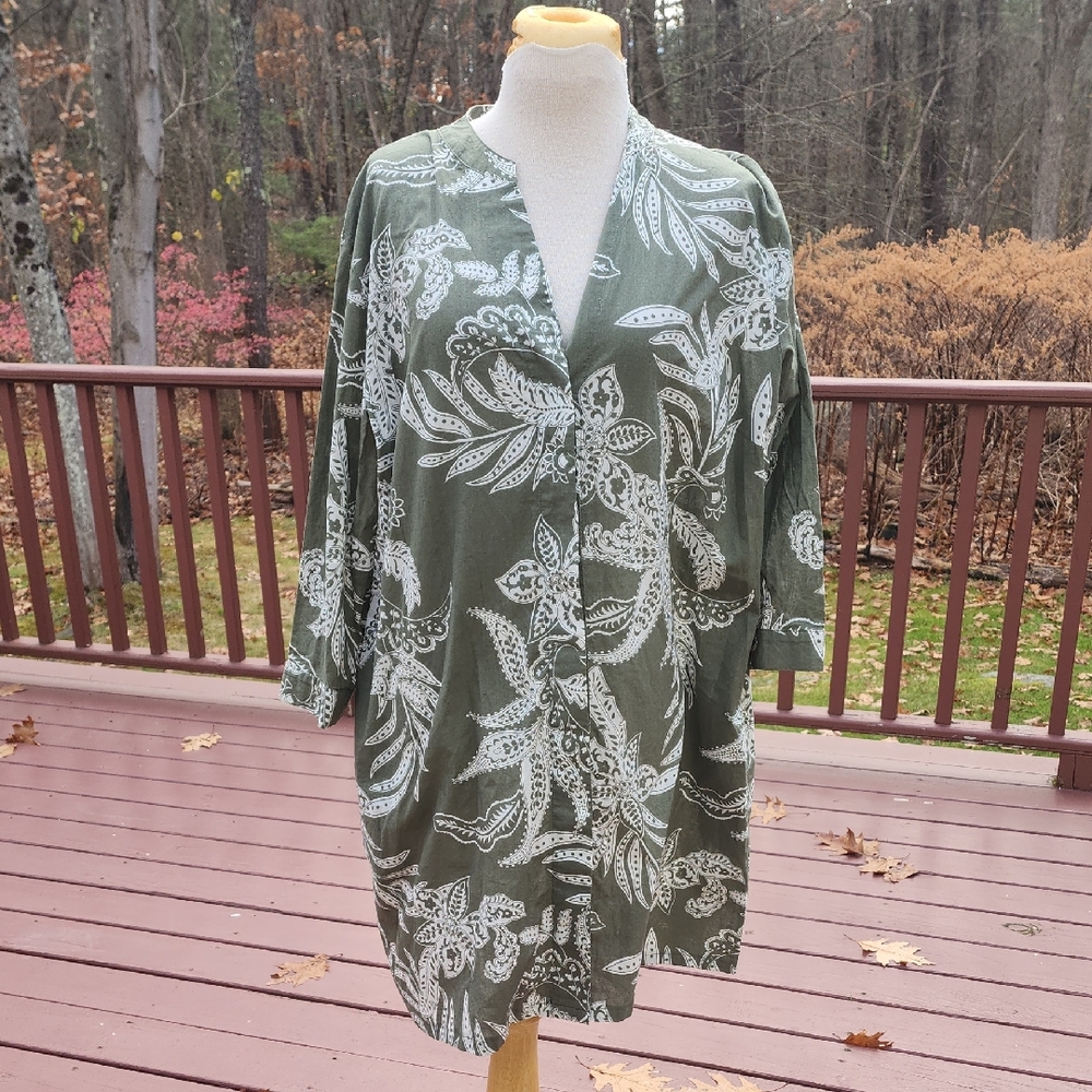 Olsen Olive Green Paisley cotton short tab sleeve dress with pockets .